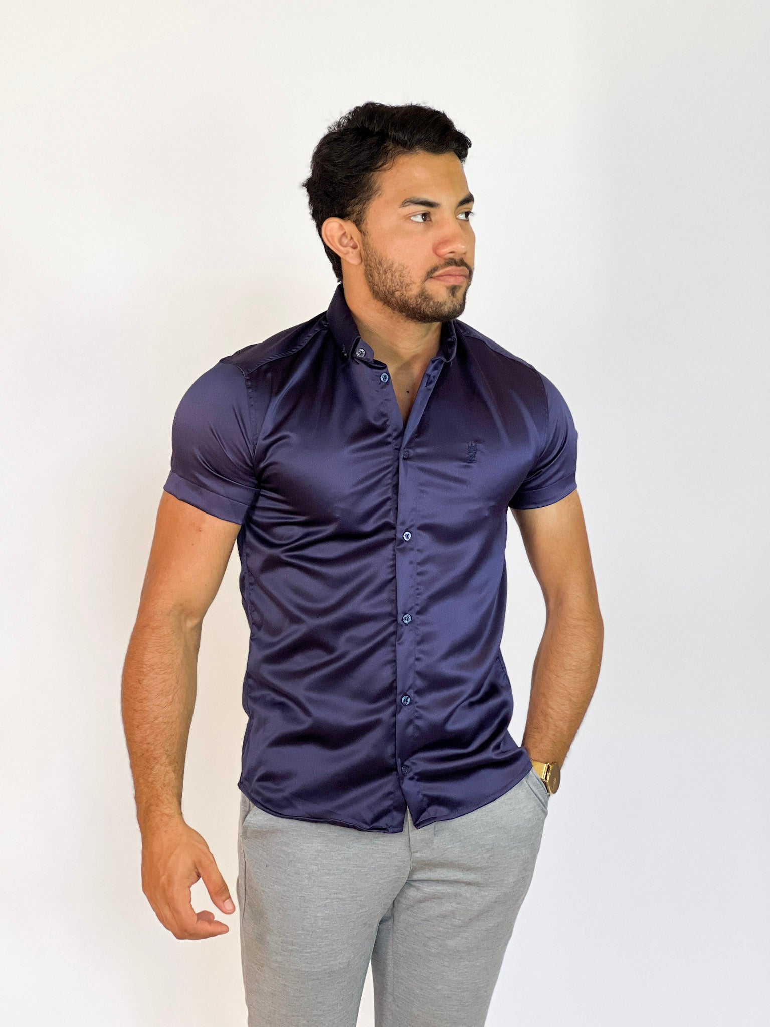 Camiseta Social Acetinada Azul Marinho