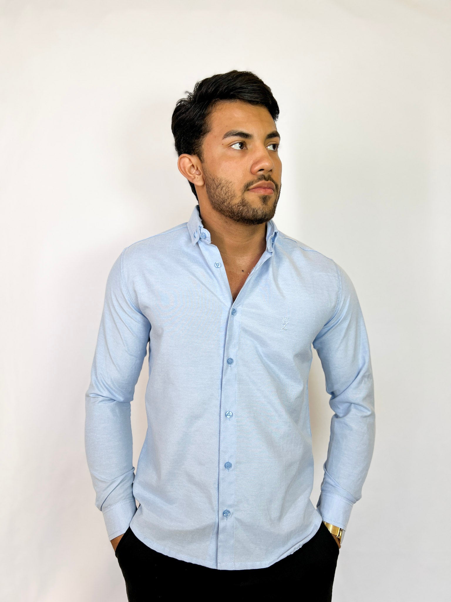 Camisa Social Oxford Linho Manga Longa Azul Bebê
