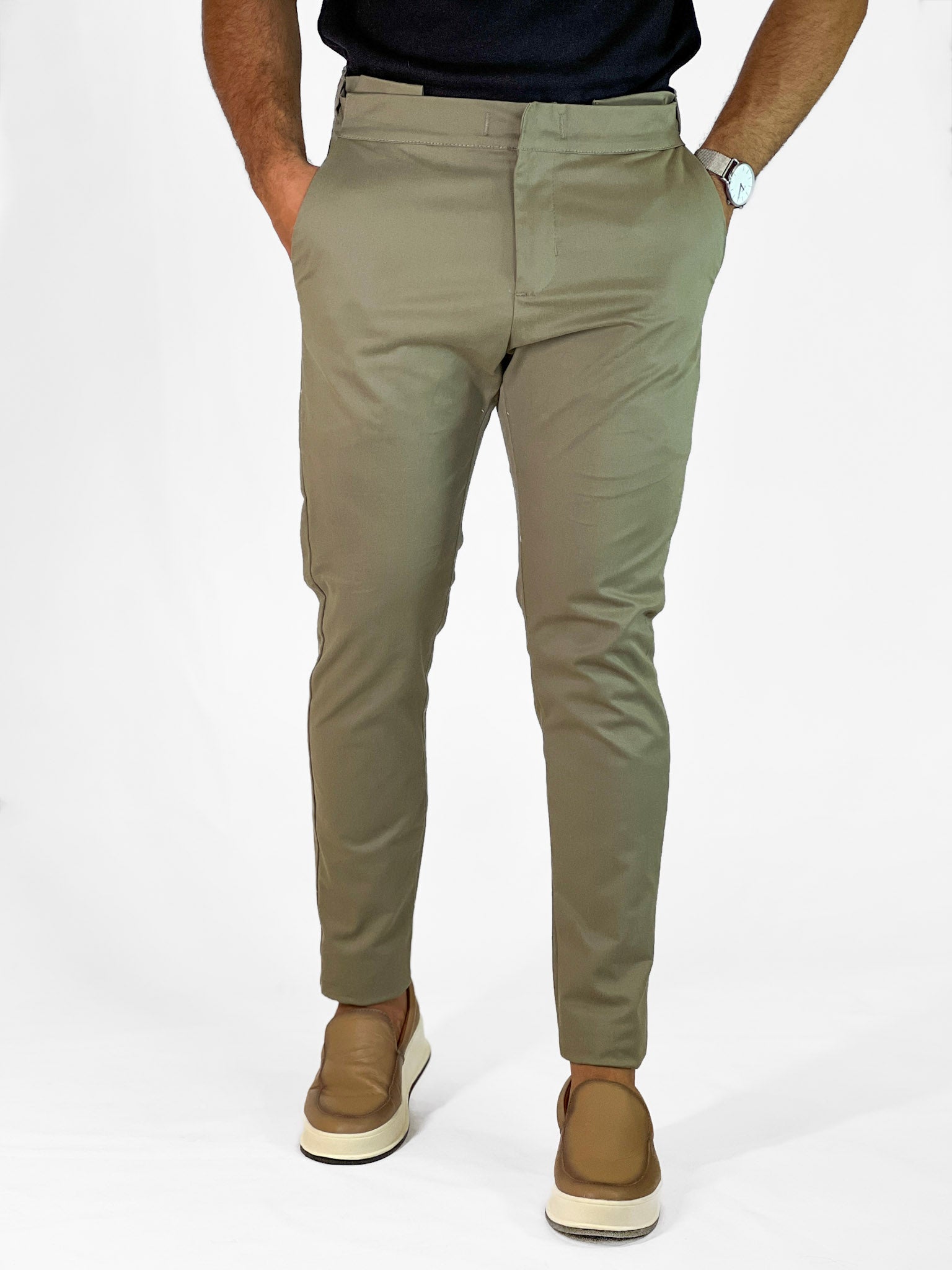 Calça Alfaiataria com Cós Elastic Verde Oliva
