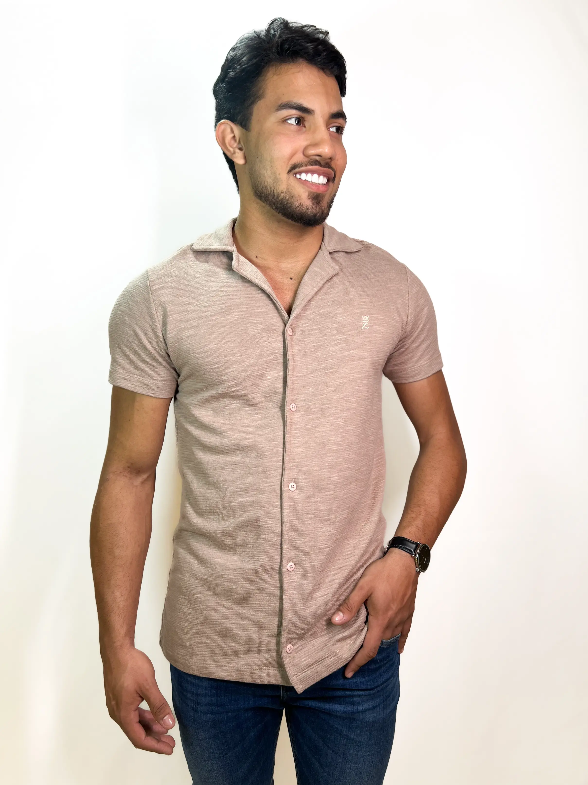 Camisa Social Zetsus Netuno Manga Curta Texturizada Bege