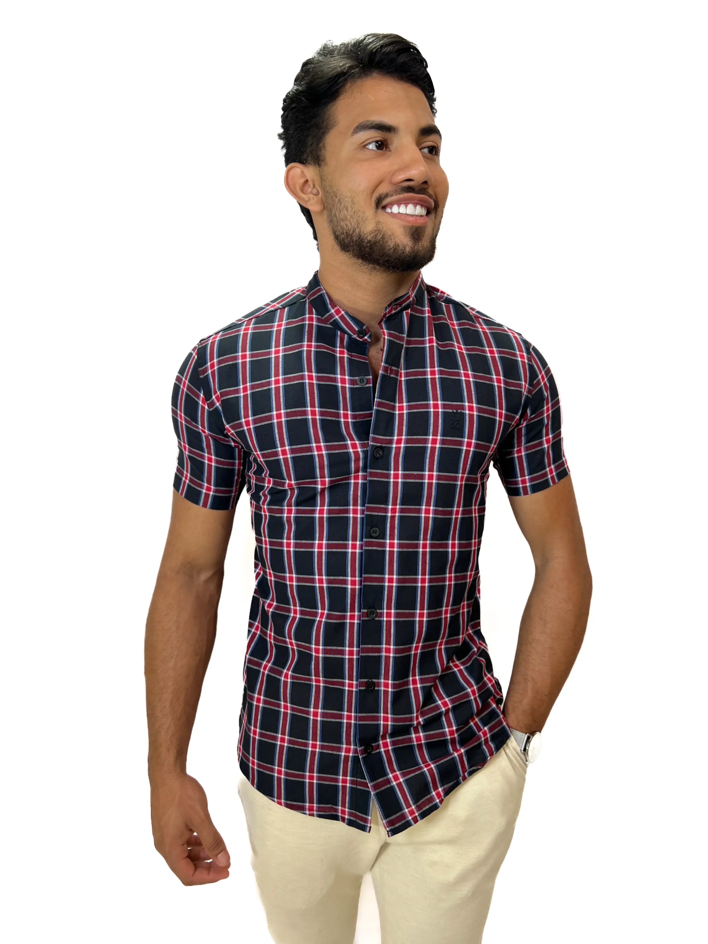Camisa Social Zetsus Gola Padre Xadrez Azul e Bordô