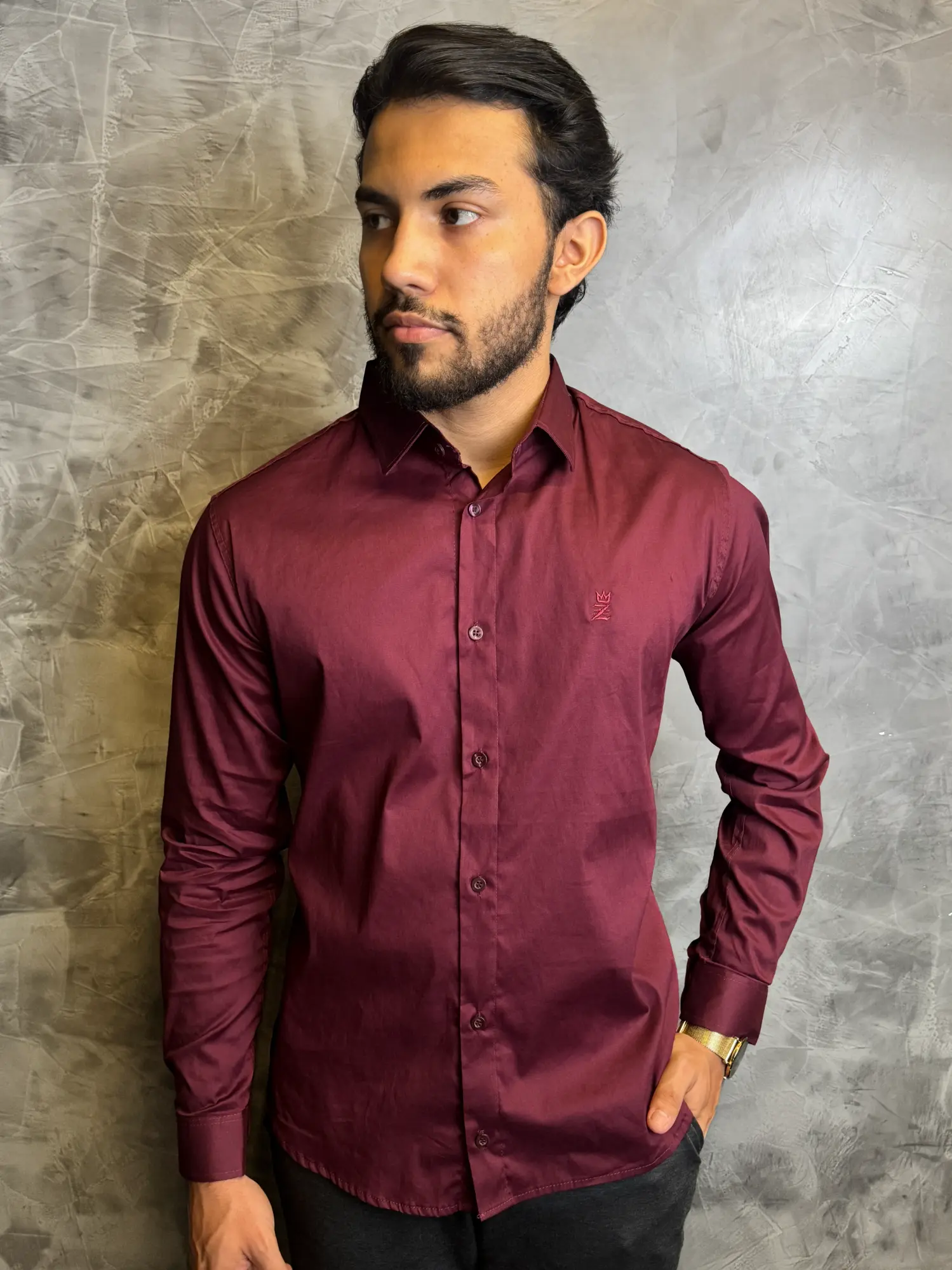 Camisa Social Manga Longa Vinho Algodão Comfort com Elastano